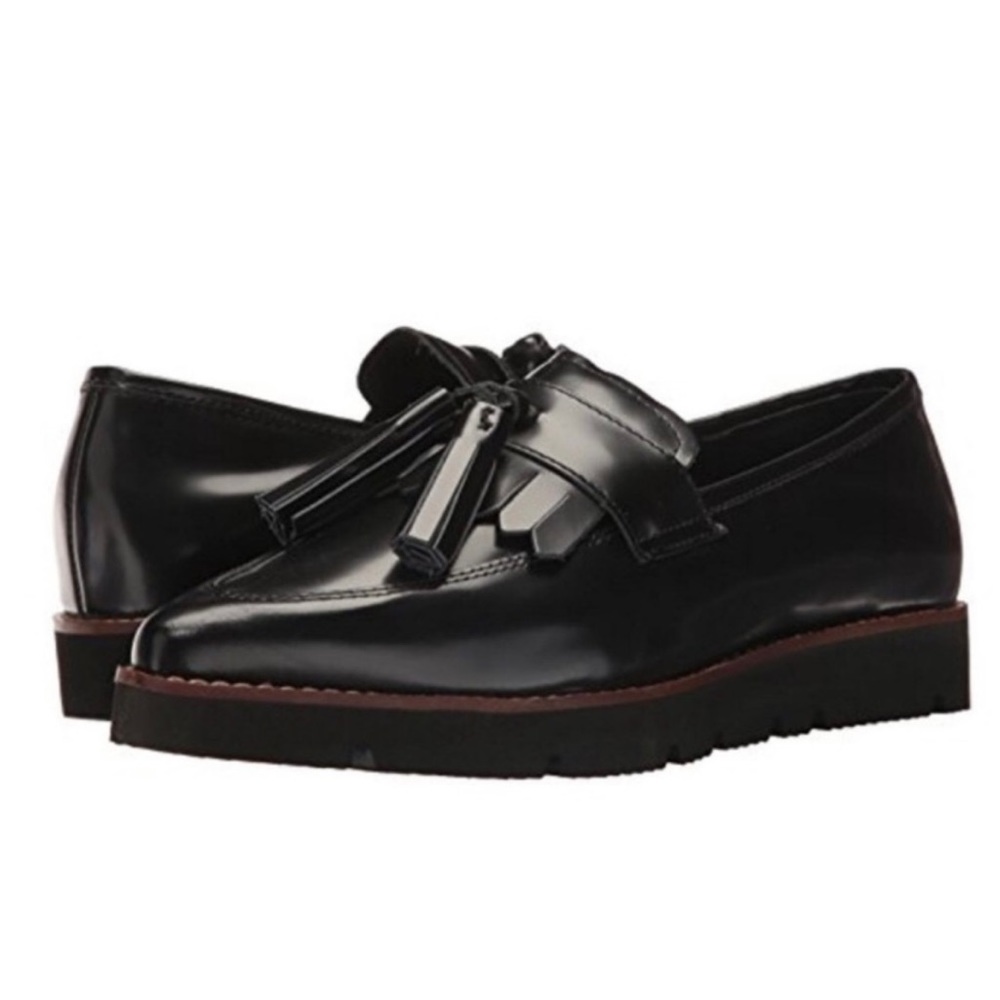 Black Glossy Leather Flats with Tassel Details